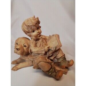 Young Boy‎ With His Dog Writing On His  Tablet Figurine